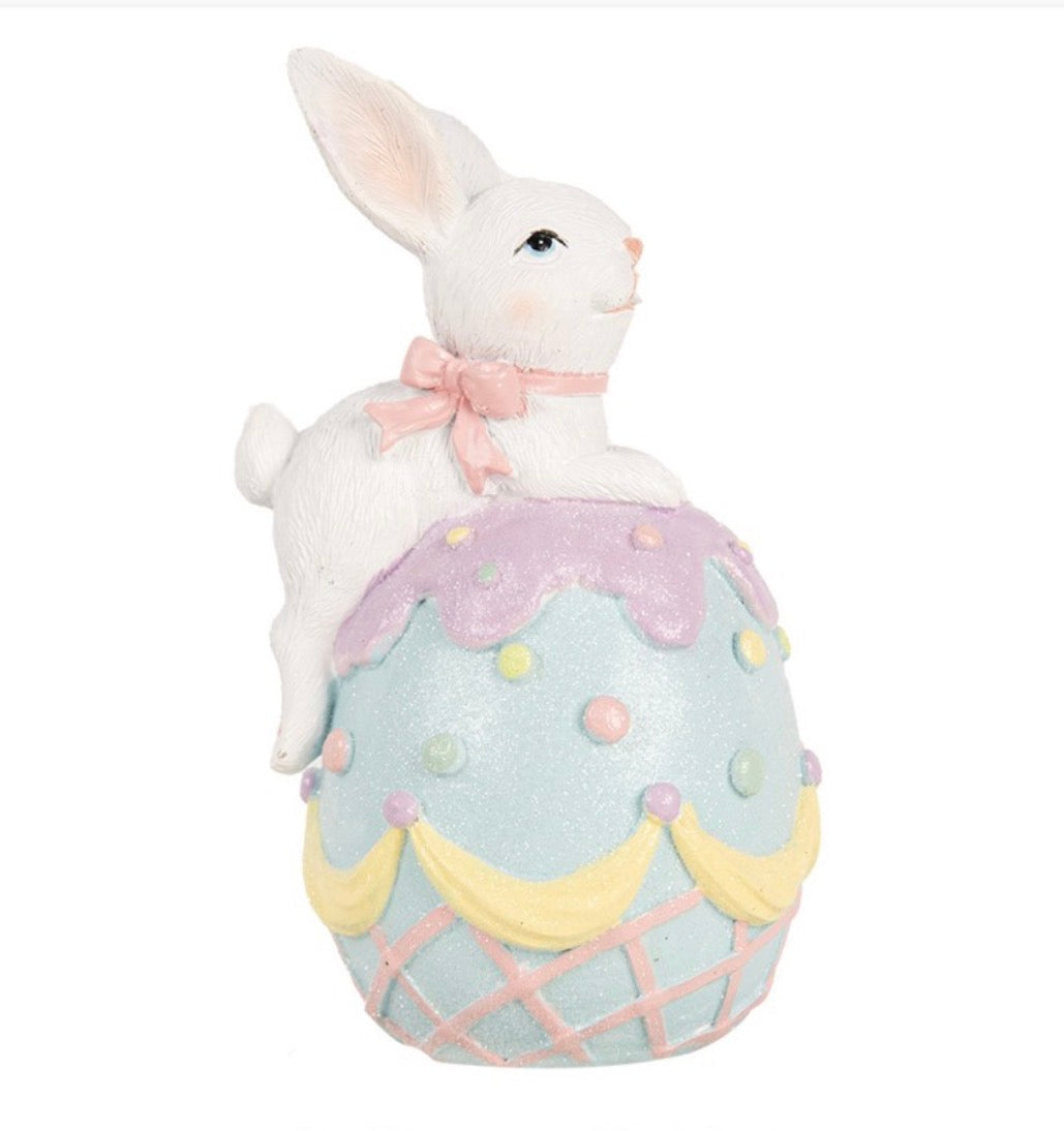 Clayre en Eef DECORATIE BEELD KONIJN 9X9X17 CM WIT BLAUW KUNSTSTOF