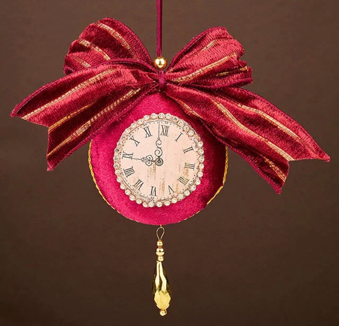 Kerst hanger klok met strik burgundy goud velvet