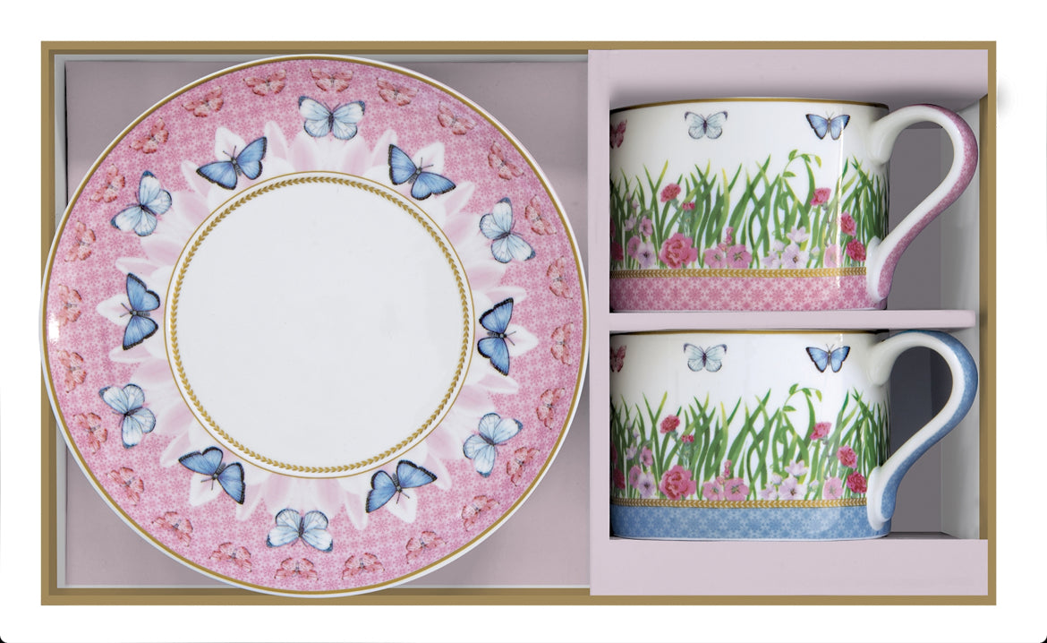 SPRING PARADE SET OF 2 CUPS AND SAUCERS IN A GIFT BOX