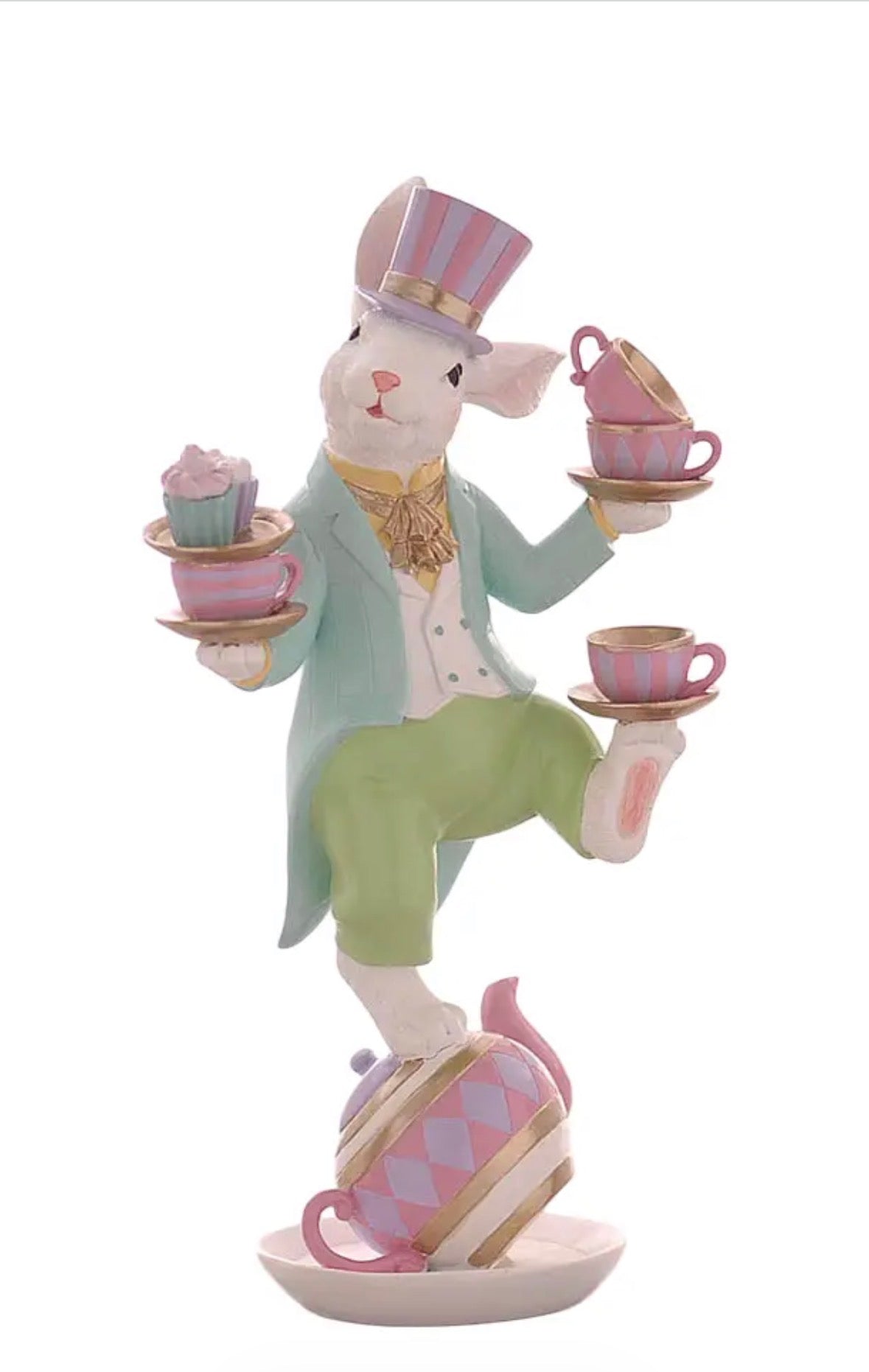 Pasen konijn met kommetjes en theepot decoratie beeld 41.5 cm polyester