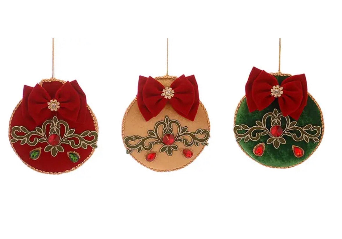 Kerst hangers set van 3 rood goud en groen fluweel met strik
