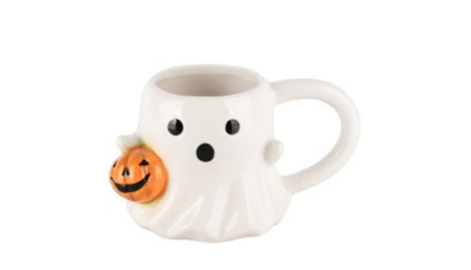 Herfst spookje mok met pompoen wit, 16x10x9cm