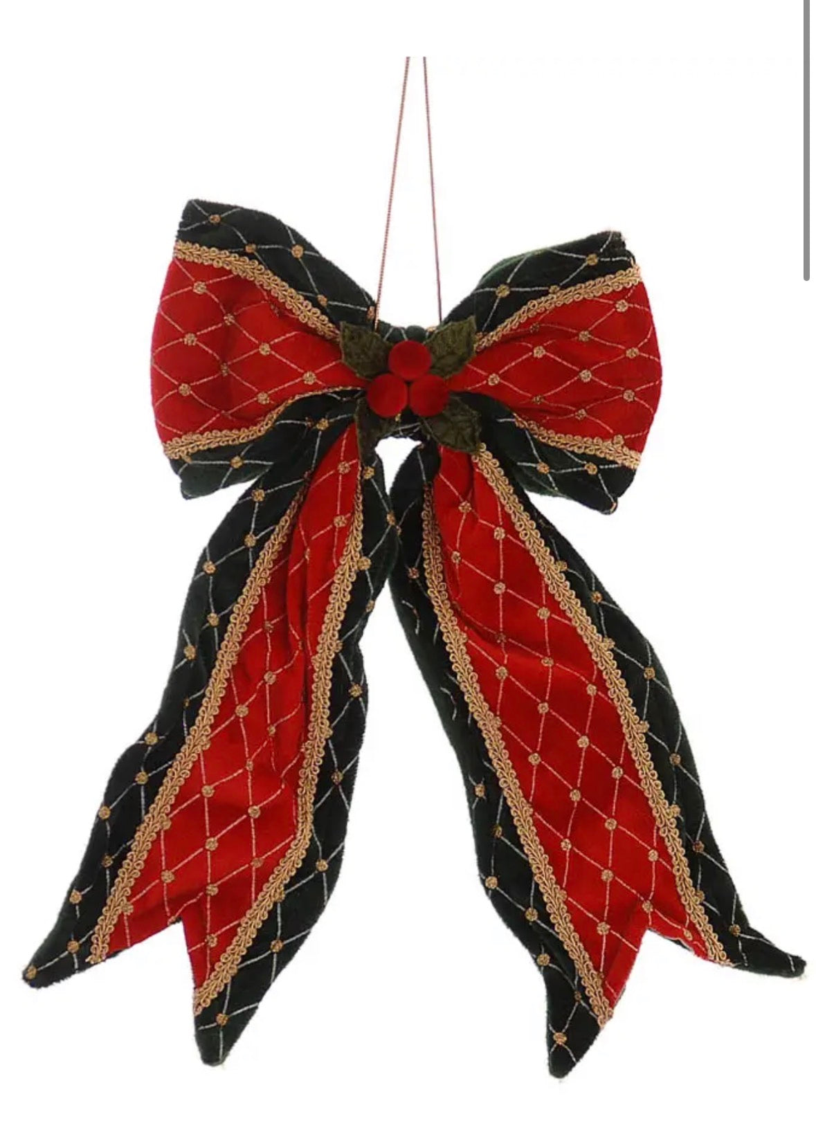 Kerst strik hanger groen rood en goud fluweel 35 cm