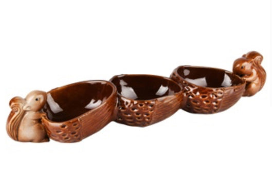 Herfst Schaaltje driedelig eekhoorns porselein, 38x9x7cm