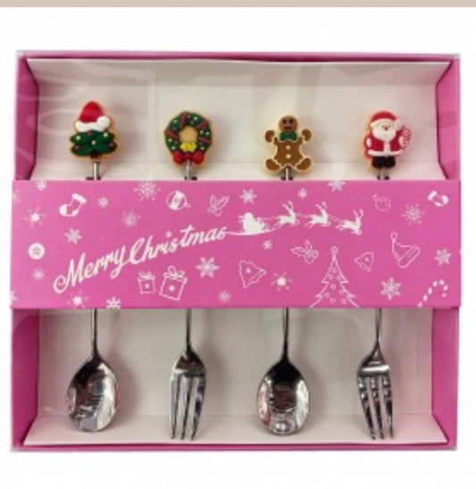 Clayre & Eef Kerst Dessertbestek Set van 4 – Zilverkleurig