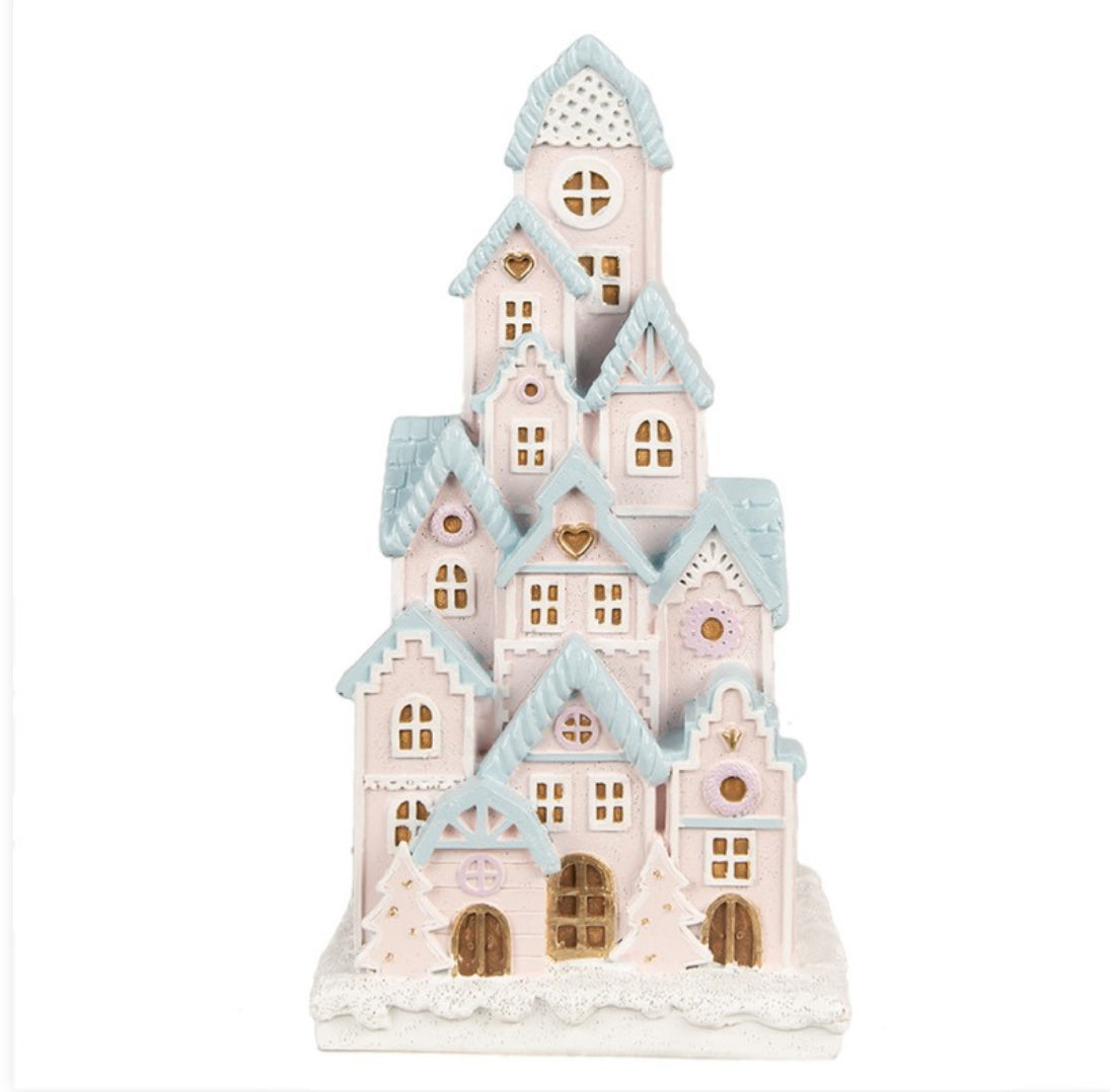Kerst collectie gingerbread huis met led 13X13X26 cm roze polyresin peperkoekhuisje