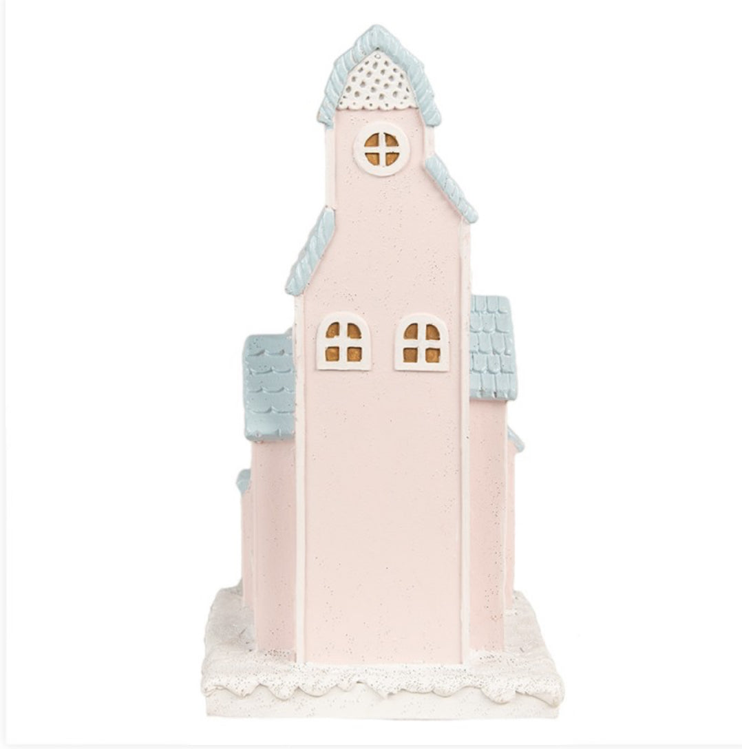Kerst collectie gingerbread huis met led 13X13X26 cm roze polyresin peperkoekhuisje